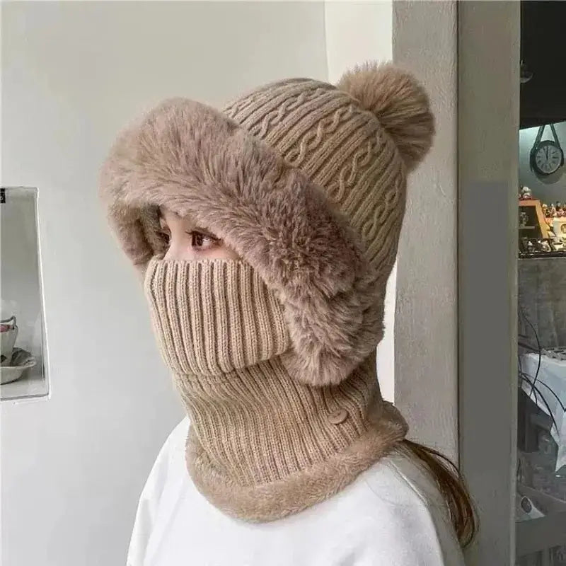 NNETM Anime-Inspired Winter Ear Protection Beanie Hat Scarf Combo - Khaki-1