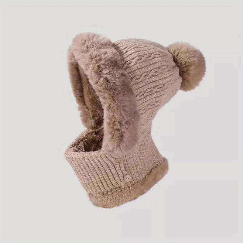 NNETM Anime-Inspired Winter Ear Protection Beanie Hat Scarf Combo - Khaki-3