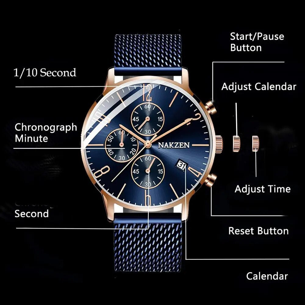 Luxury Quartz Watches Men Brand NAKZEN Men's Business Sport Watch Waterproof Chronograph Wristwatches Relogio Masculino 5056