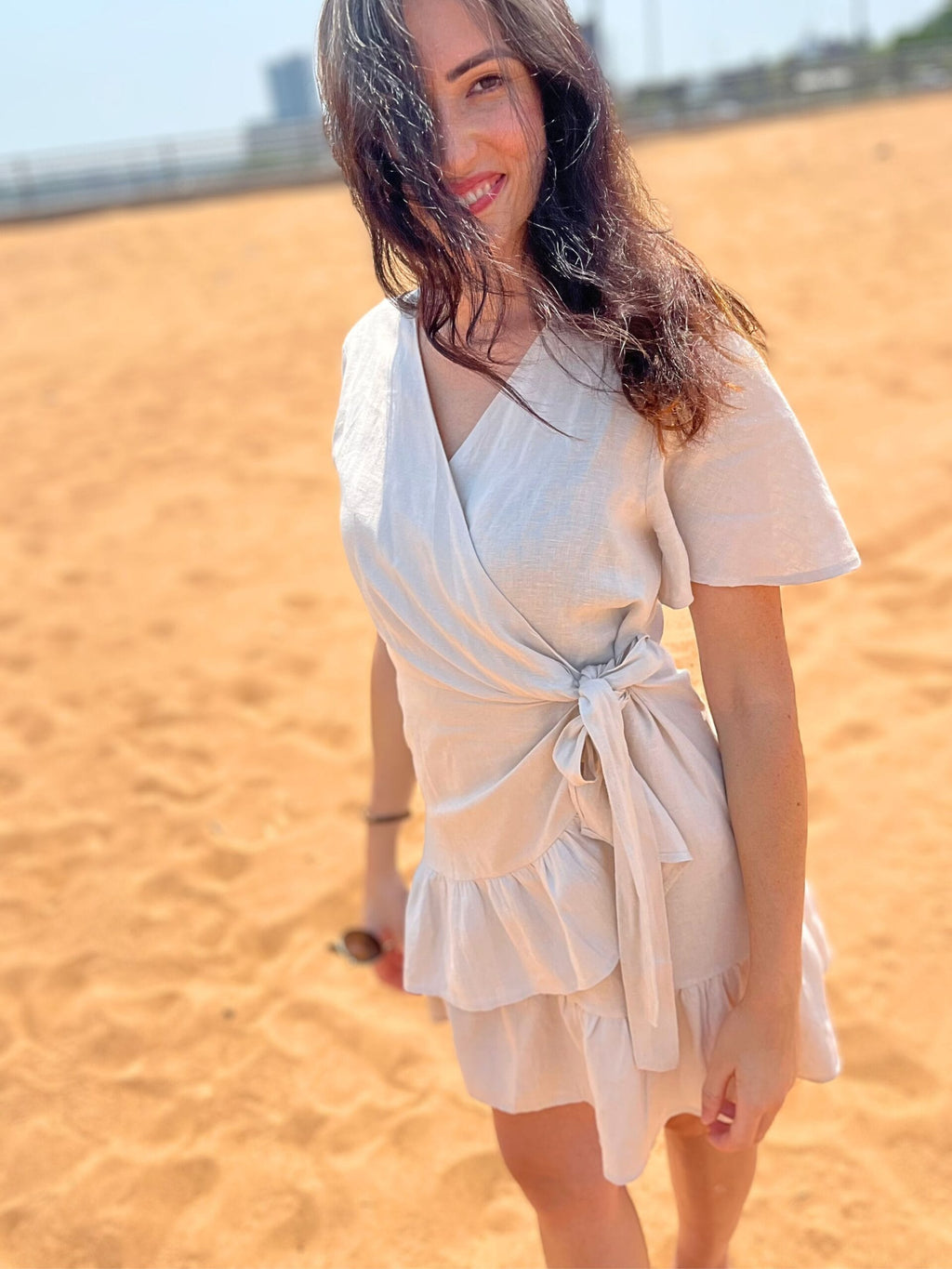 short sleeve summer linen wrap dress beach ruffled dress with belt women mini linen dress elegant ruffle linen dress plus size clothing.jpg