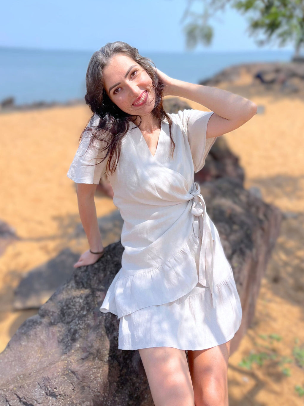 Short Sleeve Summer Linen Wrap Dress