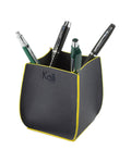 K0032DB | Desk Pen Holder made of genuine leather, full grain, dollar grain. Blue color with Yellow edges. Size: 8.5 x 8.5 x 12 cm. Packaging: gift box bottom/cover-0