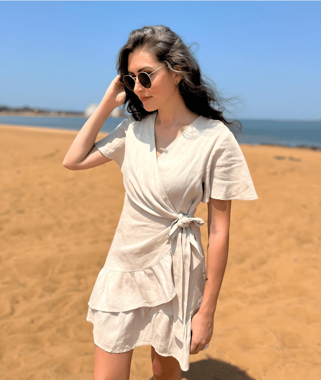 Short Sleeve Summer Linen Wrap Dress