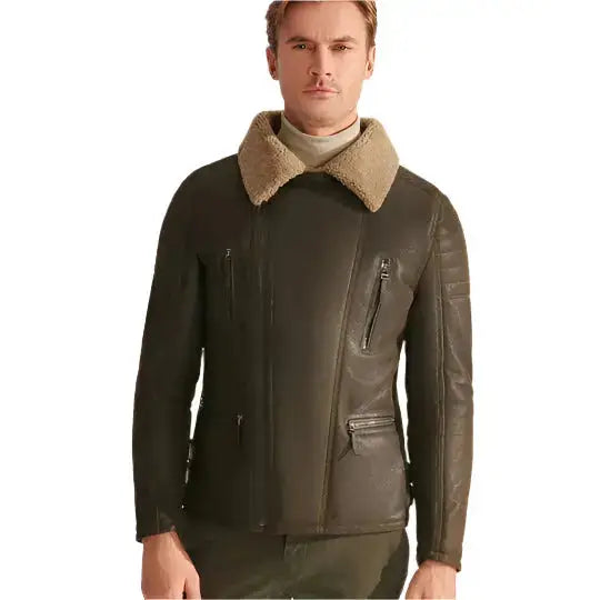 Men's Green RAF Shearling Sheepskin Aviator Jacket-0